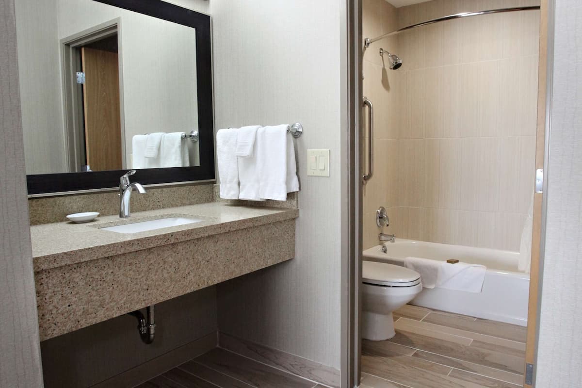suite, 1 king bed, non smoking, refrigerator | bathroom | combined shower/bathtub, free toiletries, hair dryer, towels