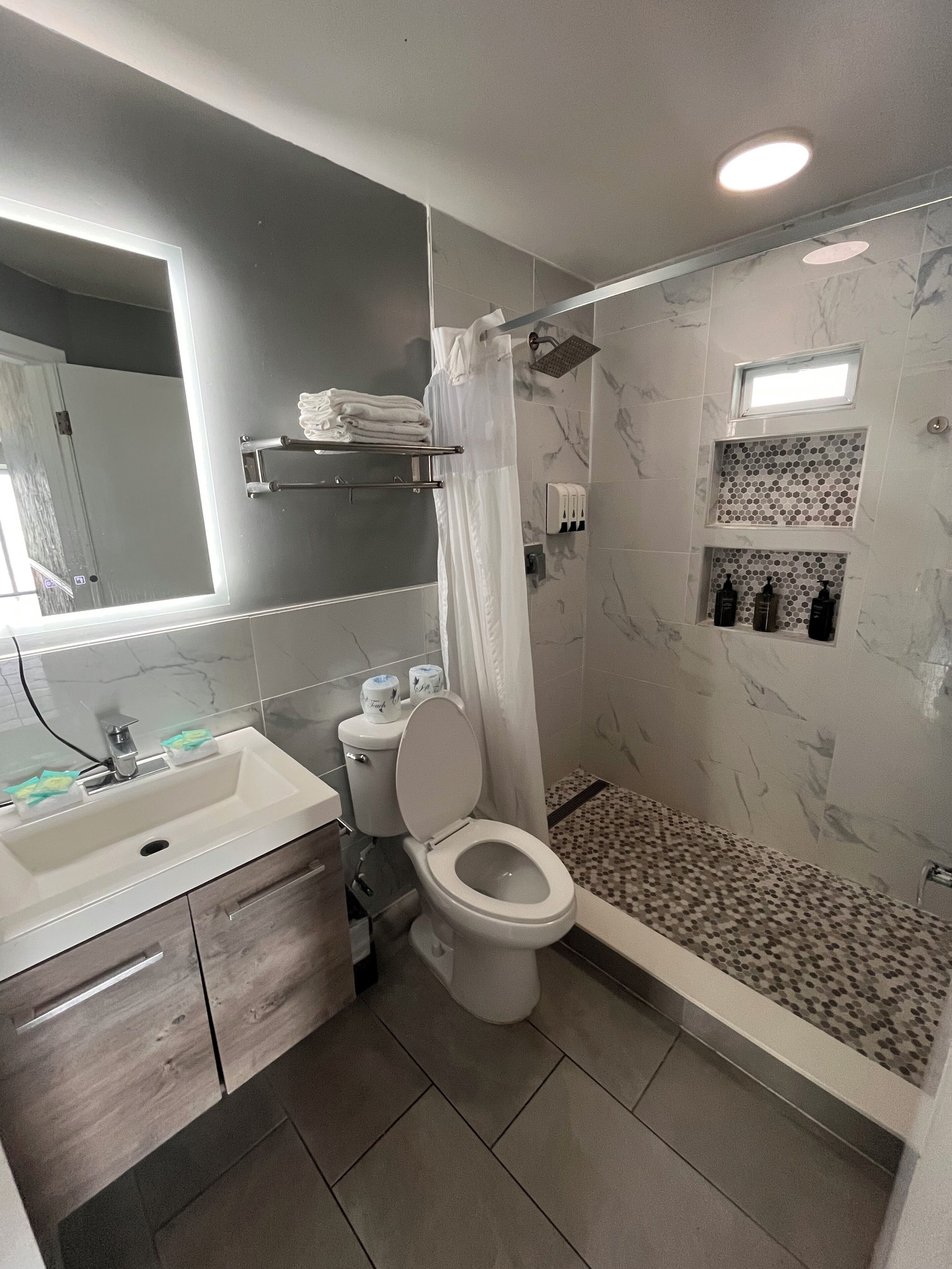 A modern bathroom with a shower, toilet, and sink.