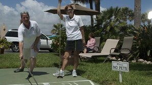 A shuffleboard court with a 'NO PETS' sign, palm trees, and a parked car in the background. - Sand Castle Motel (Daytona Beach Shores)