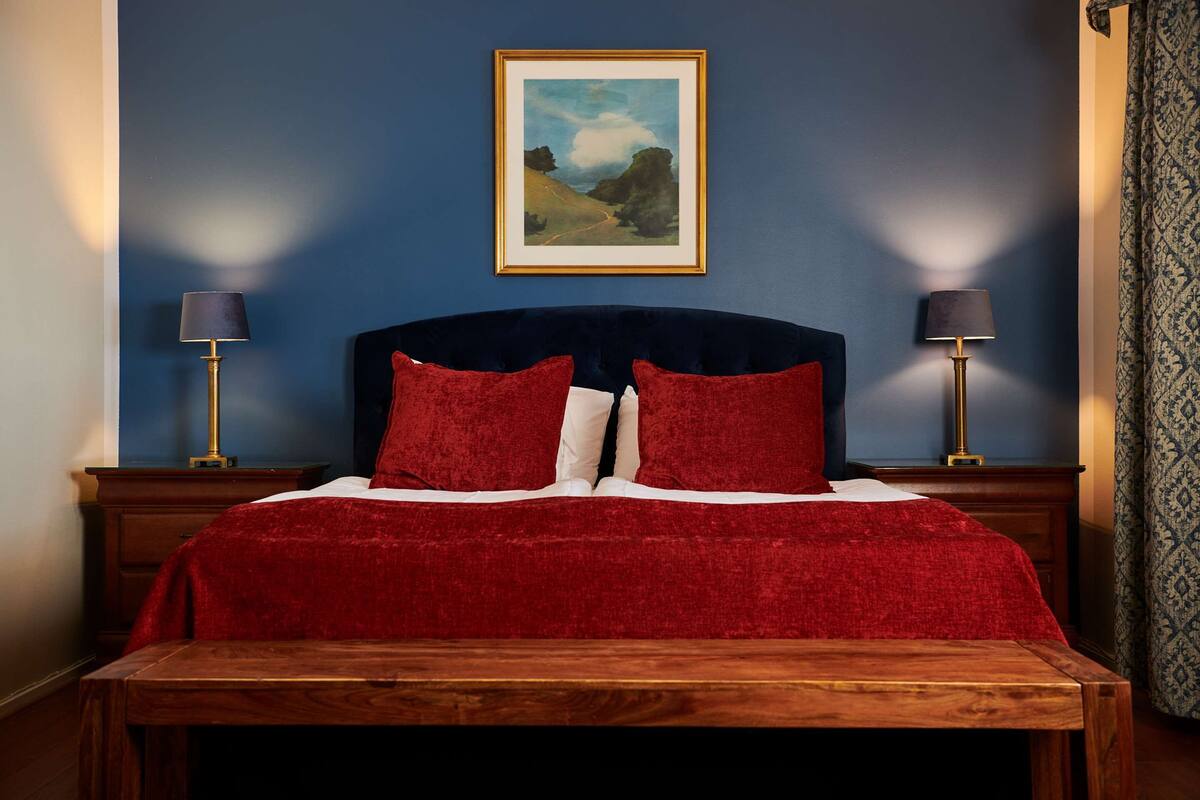A bed with a dark headboard, red bedding, and two bedside lamps.