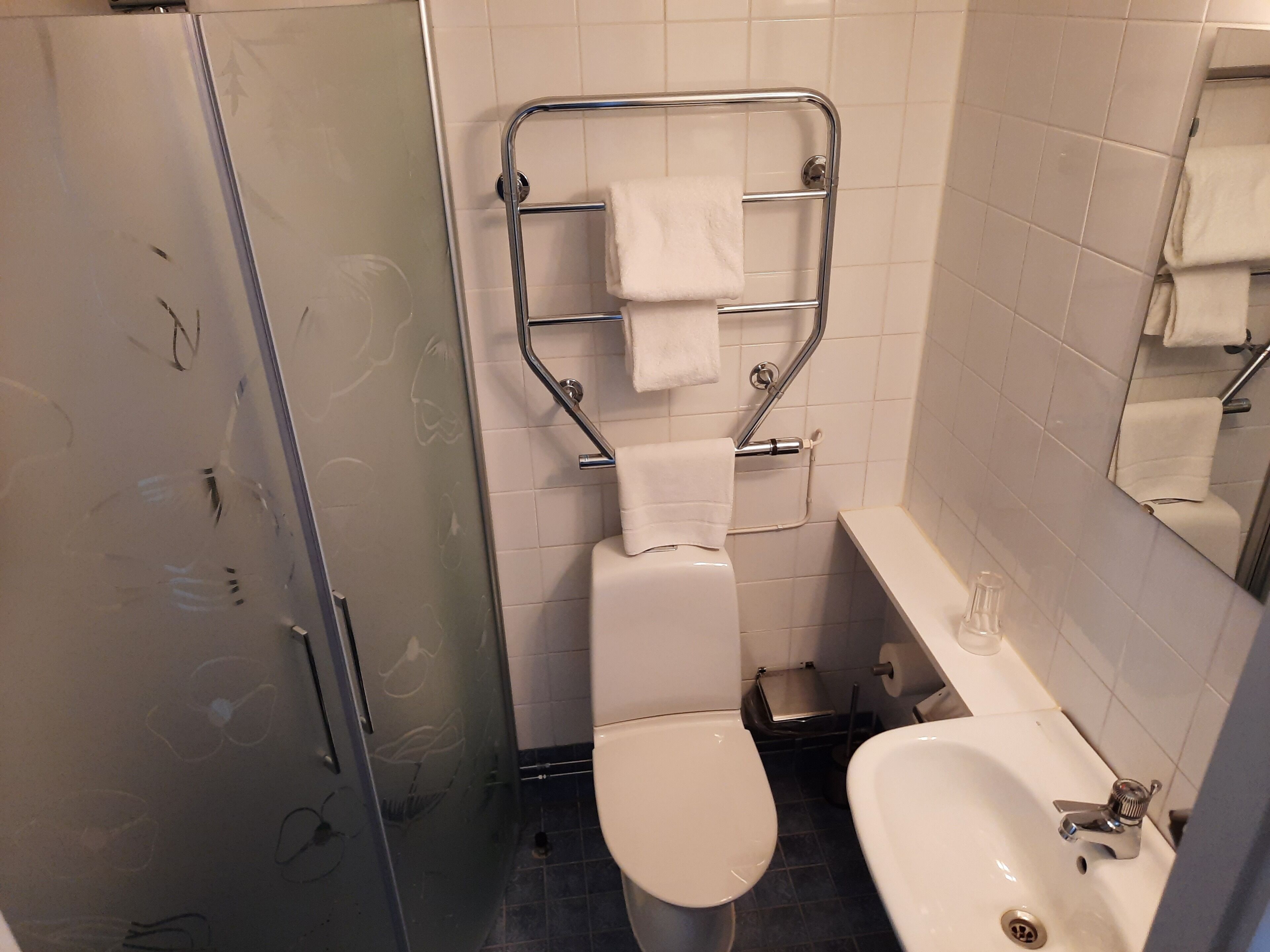 A bathroom with a toilet, sink, and glass shower enclosure.