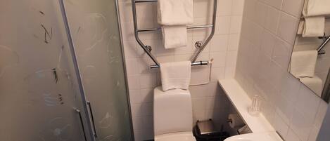 A bathroom with a toilet, sink, and glass shower enclosure.