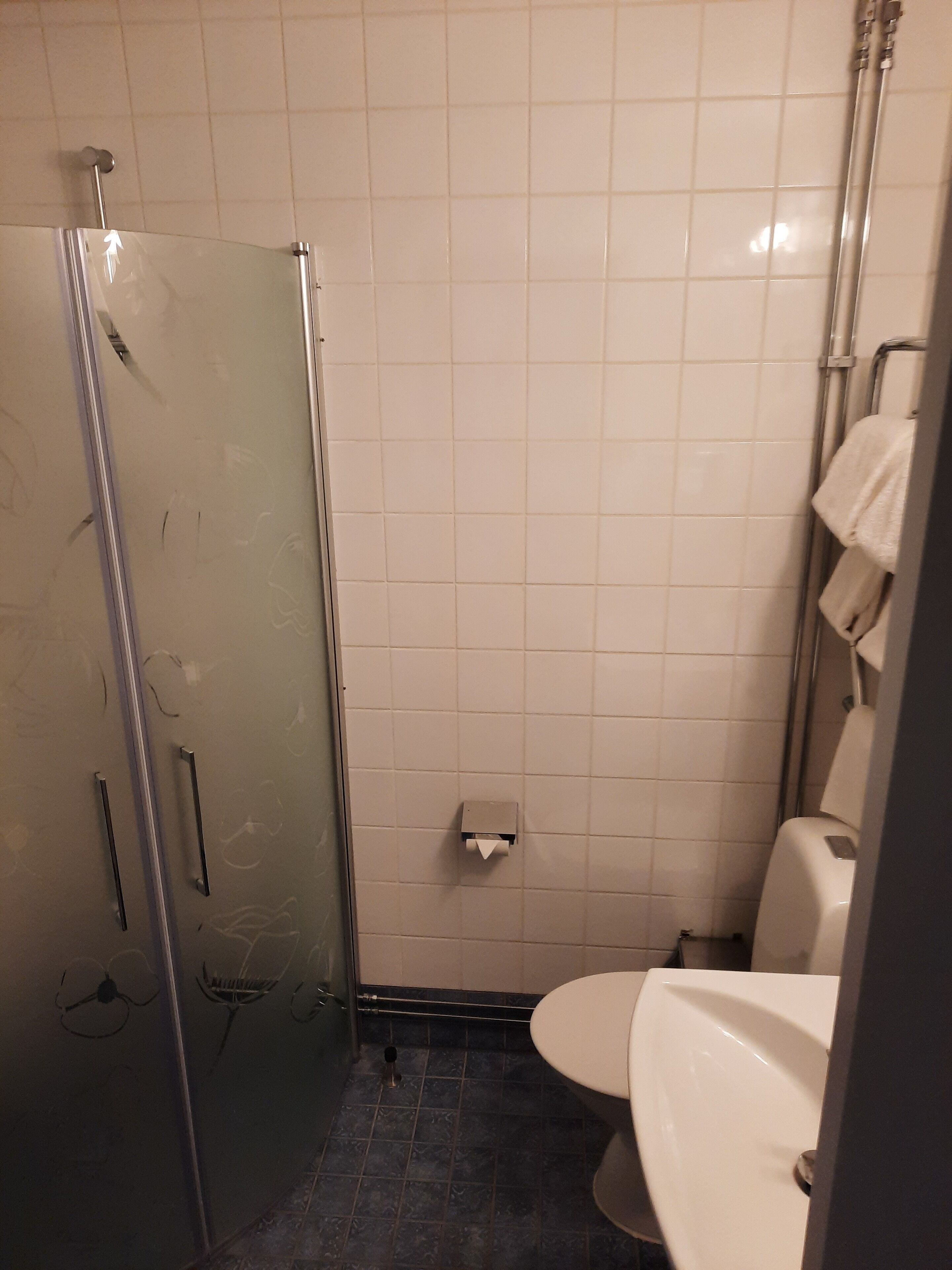 Une petite salle de bain avec une douche à parois de verre, des toilettes et un lavabo.