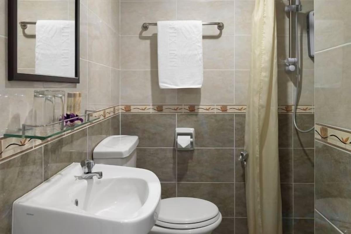 Shower, hair dryer, bidet, towels