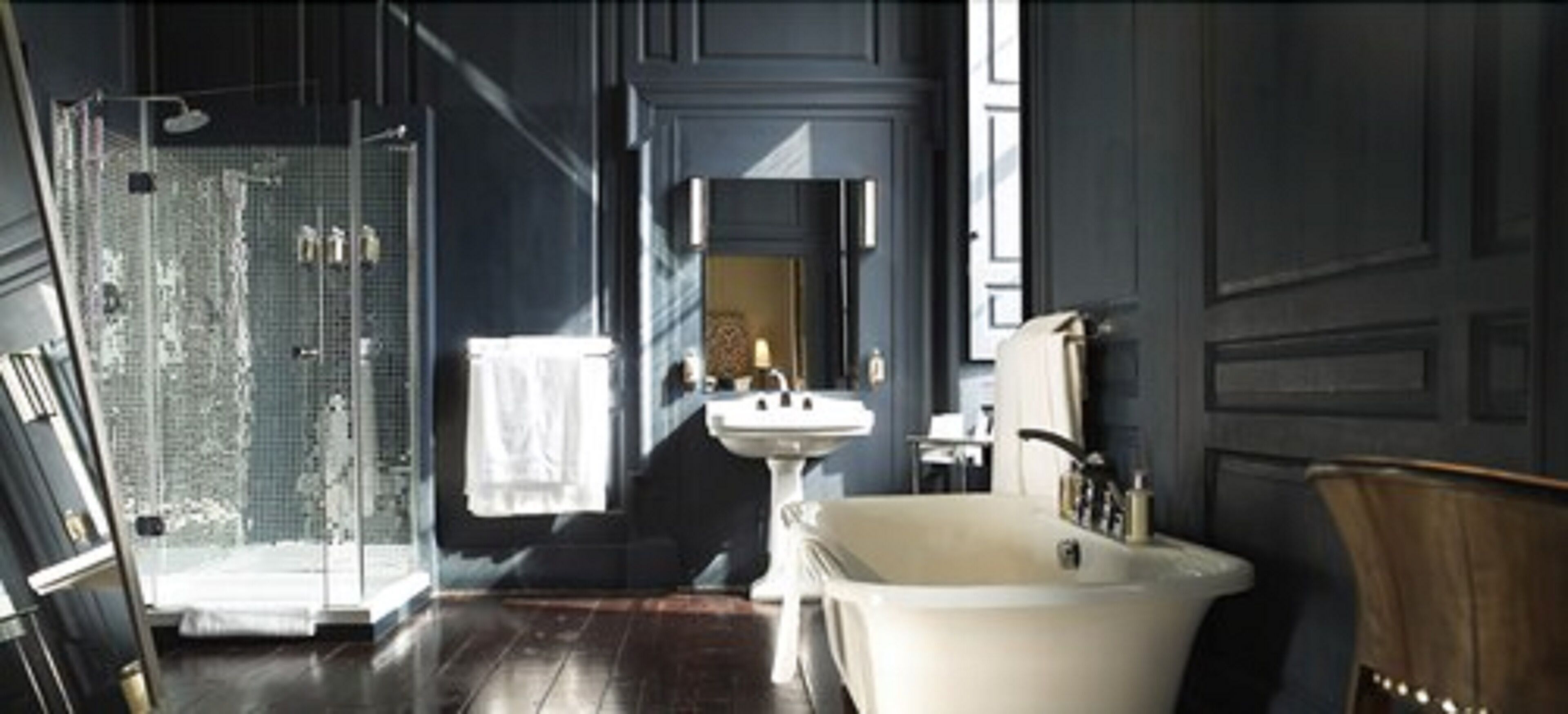 designer toiletries, hair dryer, towels