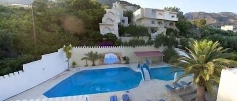 Seasonal outdoor pool, pool umbrellas, pool loungers