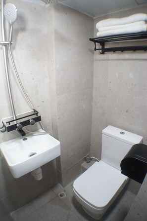 Ein kleines Badezimmer mit einem weißen Waschbecken, einer Toilette und einer Dusche.