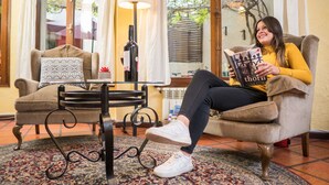 Un salón acogedor con sofá, una mesa de centro y un tapete estampado.