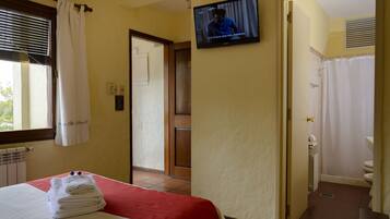 A hotel room with a bed, a television, a bathroom with a shower curtain, and a radiator.