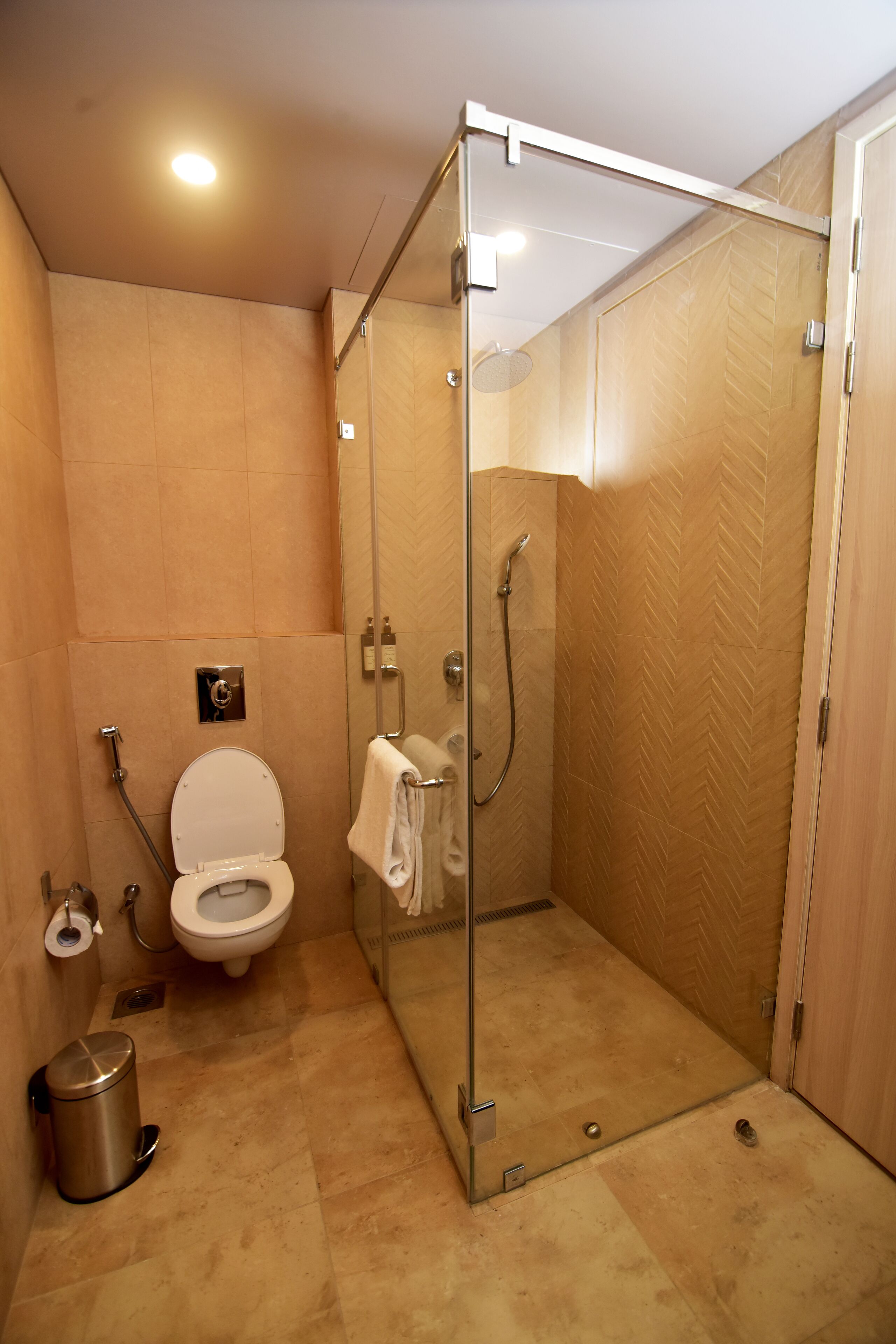 A modern bathroom with a glass-enclosed shower, a toilet, and a trash can.