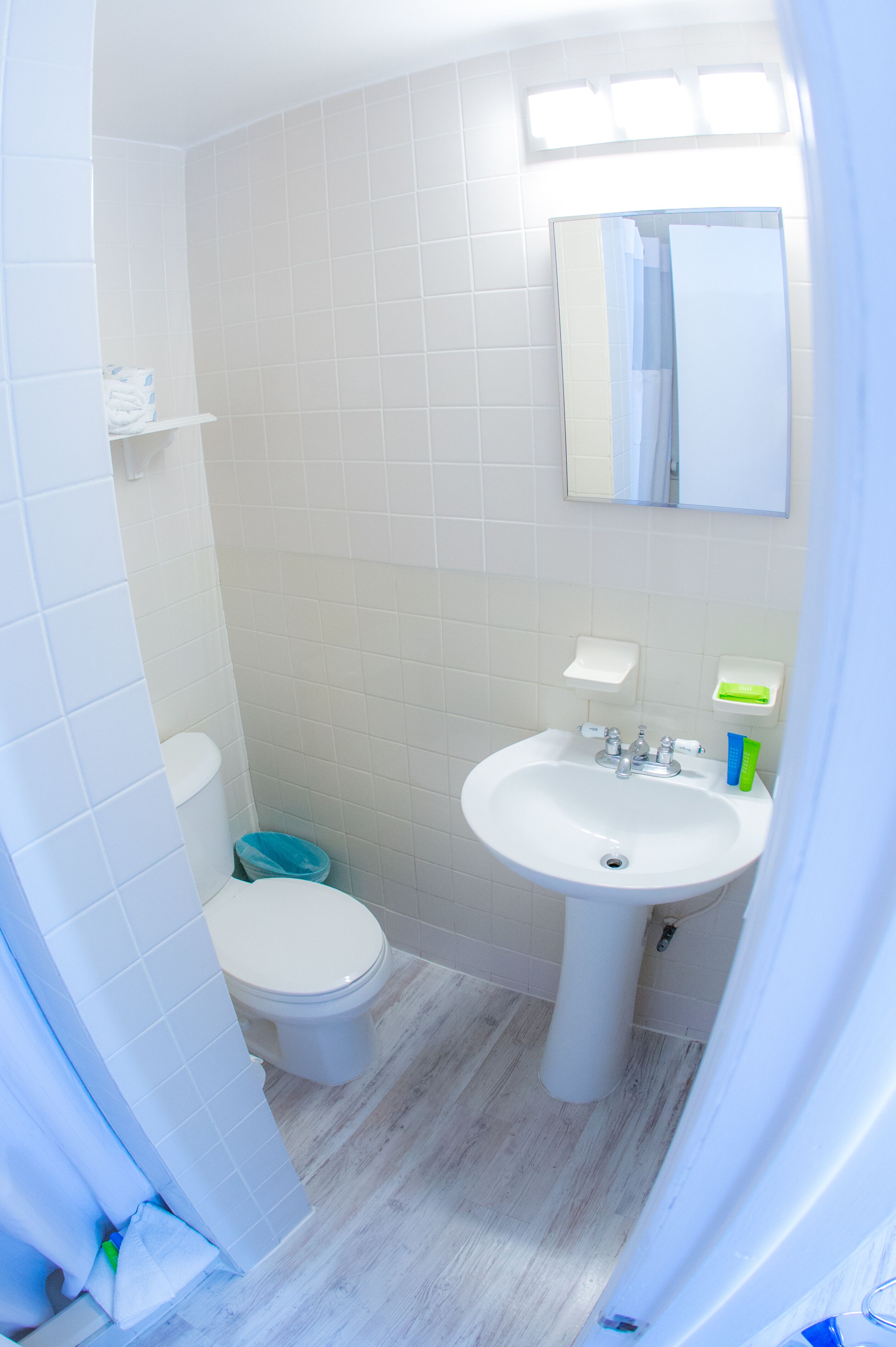 A bathroom with a toilet, sink, and mirror.