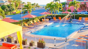 2 outdoor pools, a heated pool, open 6:00 AM to 9:00 PM, free cabanas