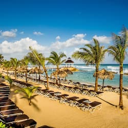 Private beach, white sand, sun loungers, beach umbrellas