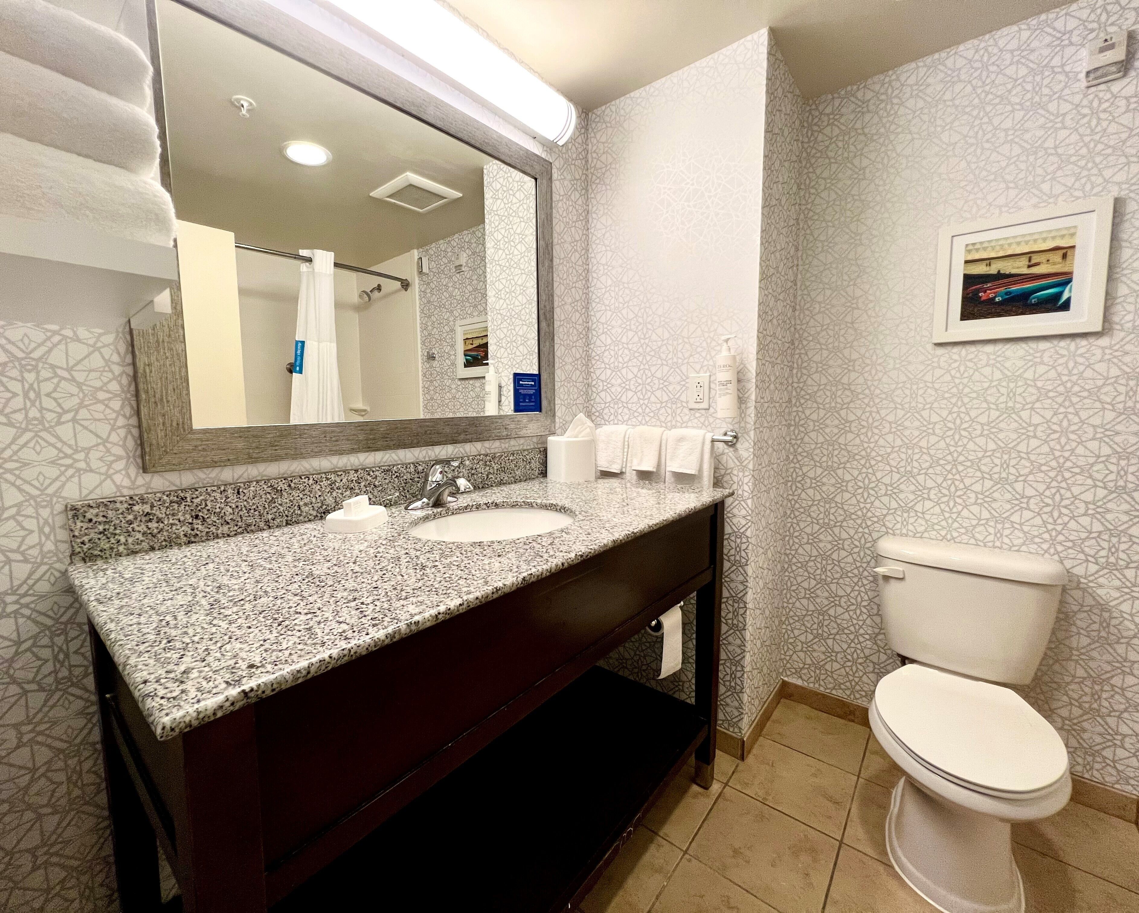 combined shower/bathtub, free toiletries, hair dryer, towels