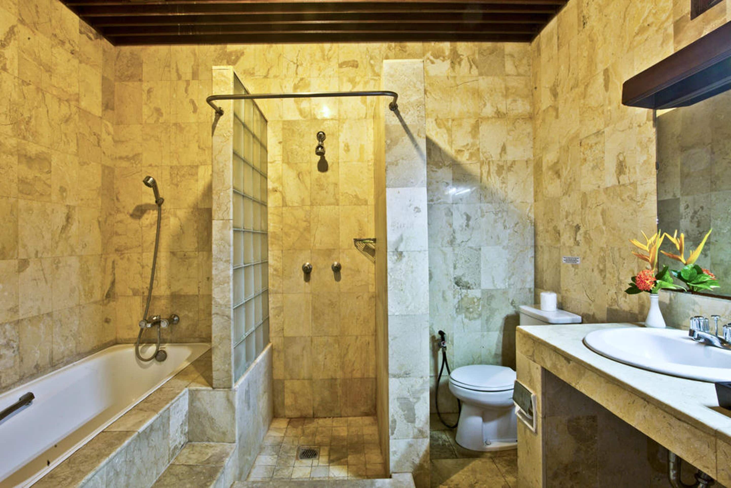 separate bathtub and shower, dressing gowns, towels