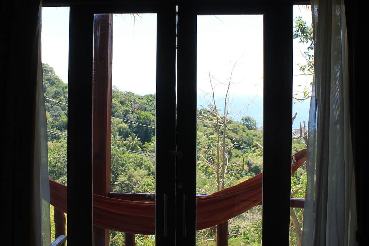 A room with a large window and a hammock.