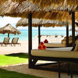 Private beach, white sand, sun loungers, beach umbrellas