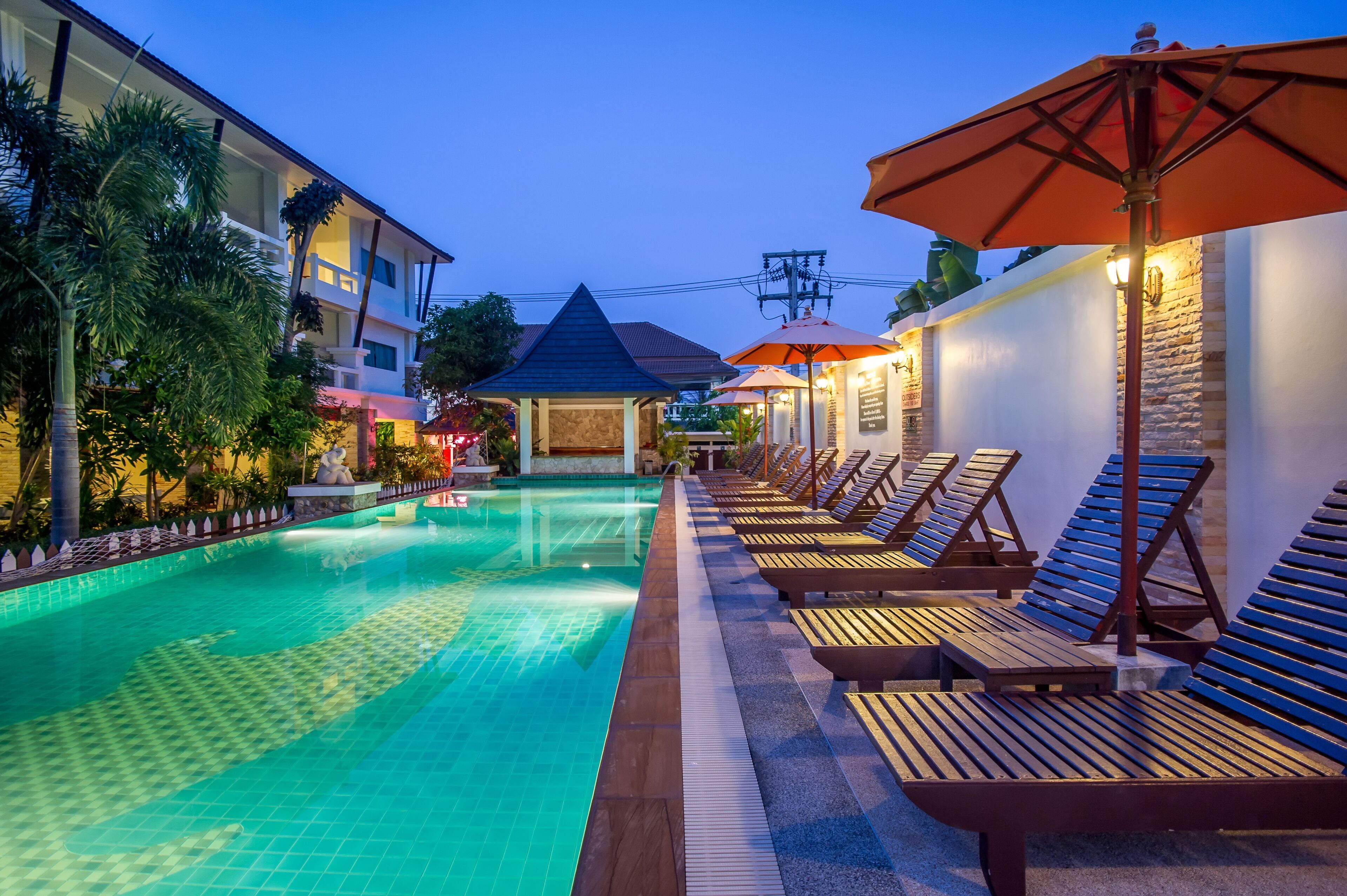 outdoor pool, pool loungers