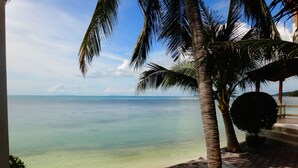 Vista de una playa con agua cristalina, palmeras y un camino de piedra que lleva a un edificio.