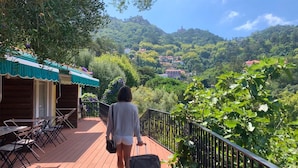 Una mujer caminando sobre una terraza de madera con mobiliario exterior, con vista a un valle exuberante y edificios a lo lejos.