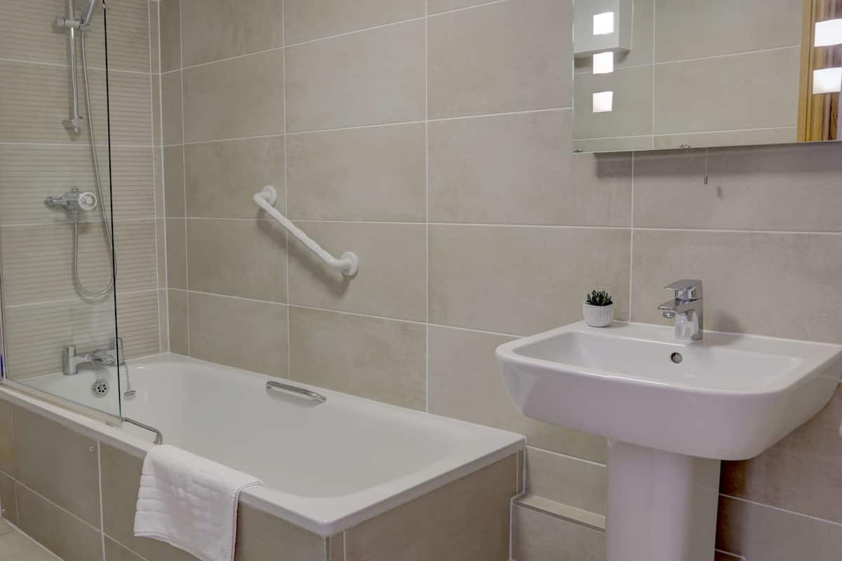 combined shower/bathtub, free toiletries, hair dryer, towels