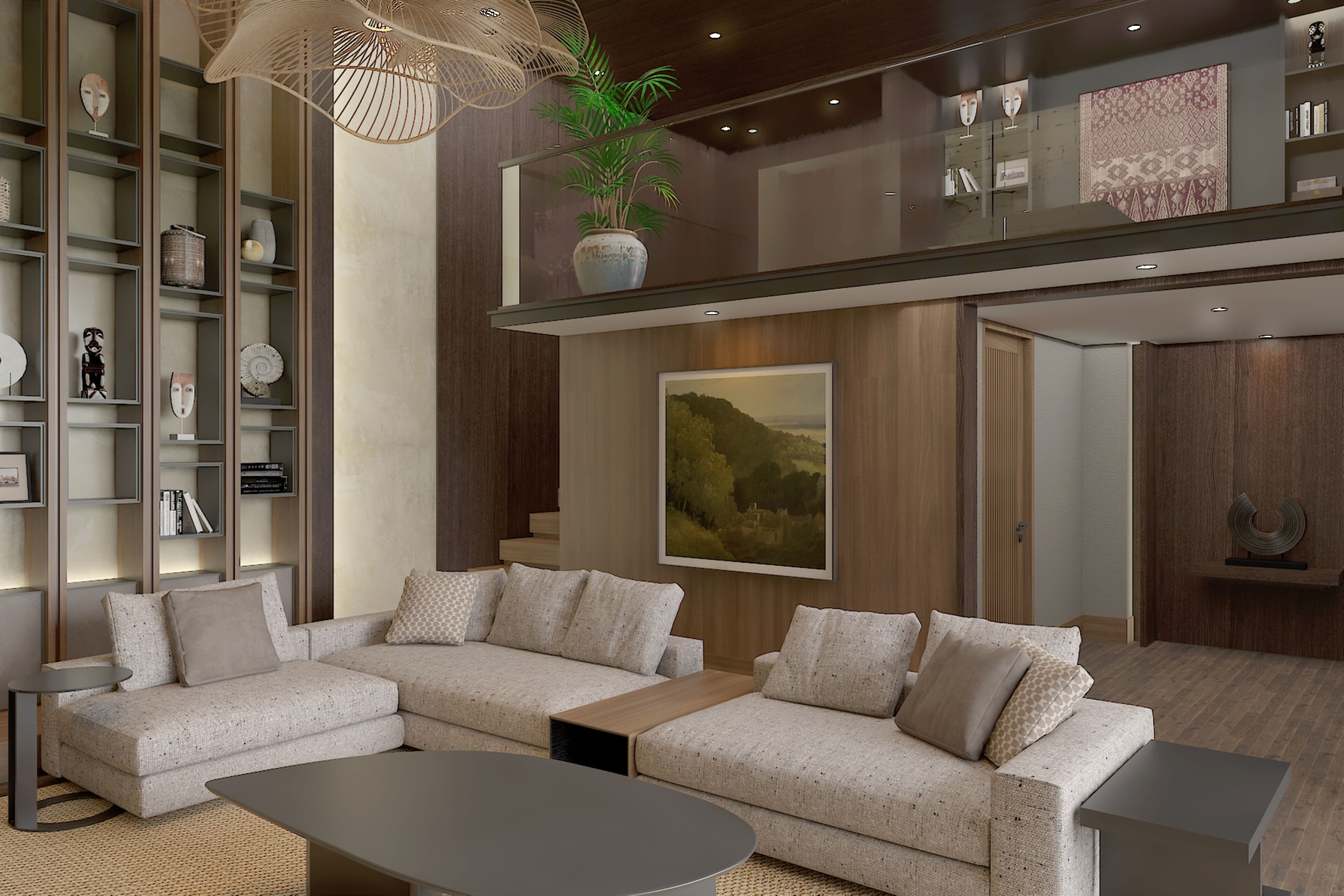 A modern living room with a sectional sofa, a coffee table, and a bookshelf filled with decorative items.