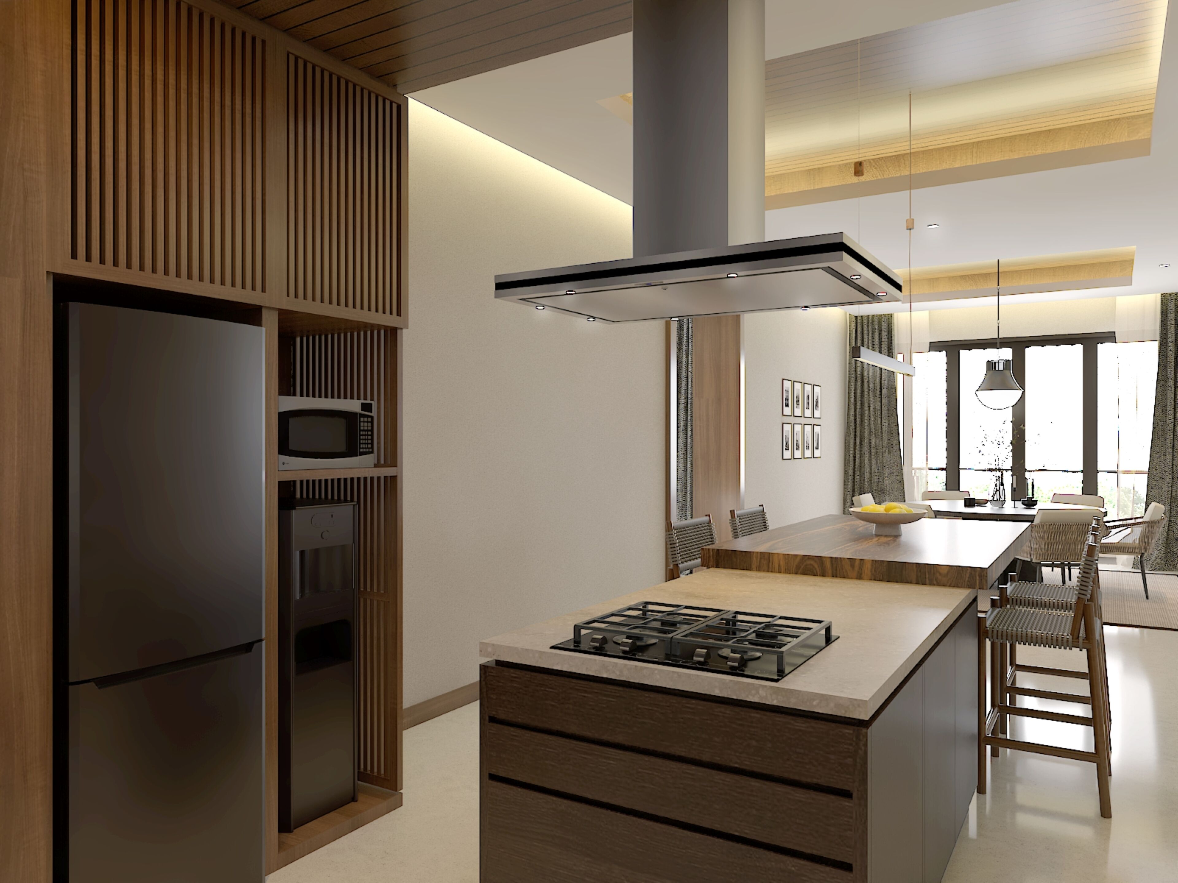 A modern kitchen with a central island, built-in appliances, and a dining area with a large window.