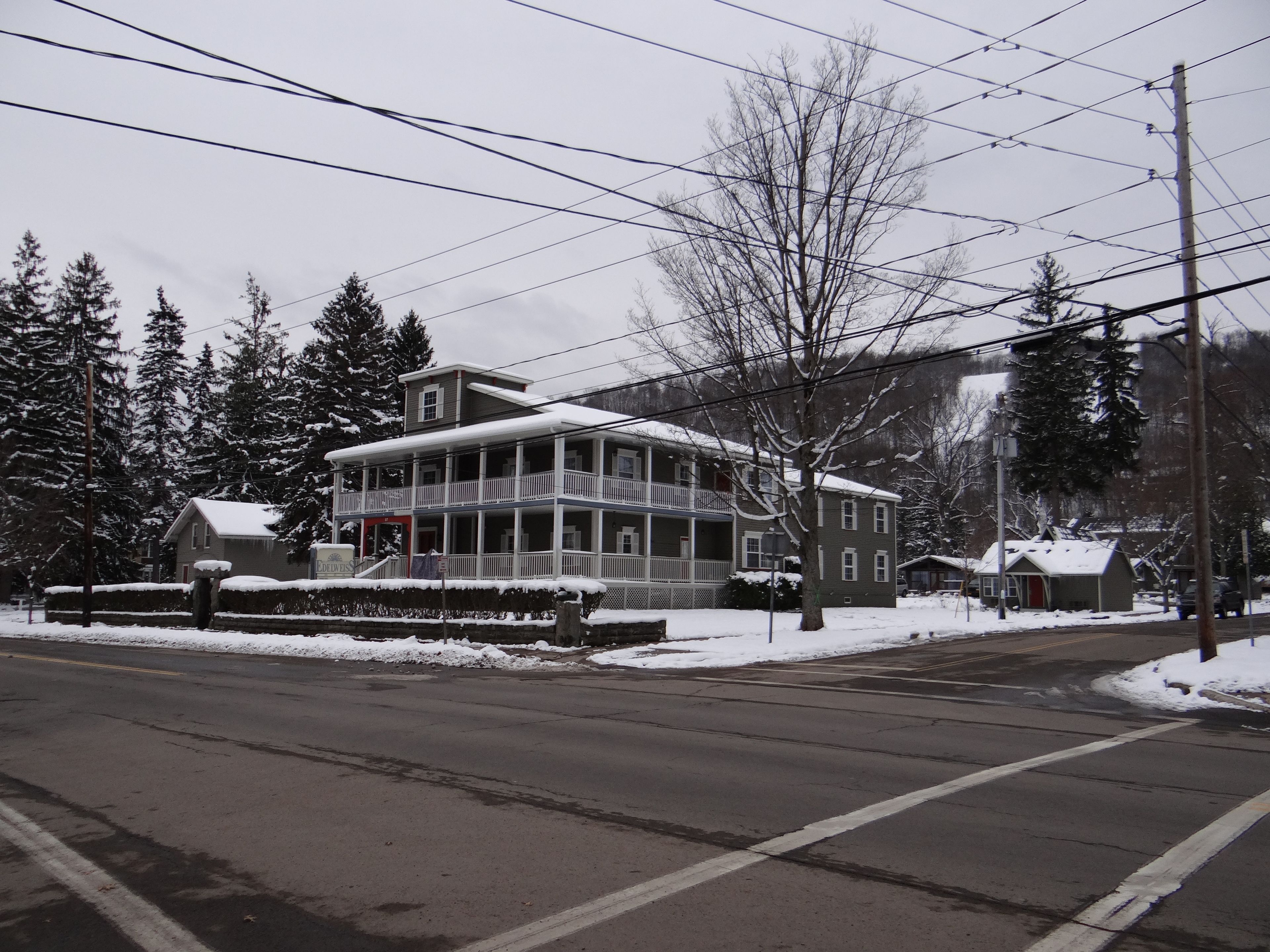 A two-story house with a porch, surrounded by snow-covered trees and a street.