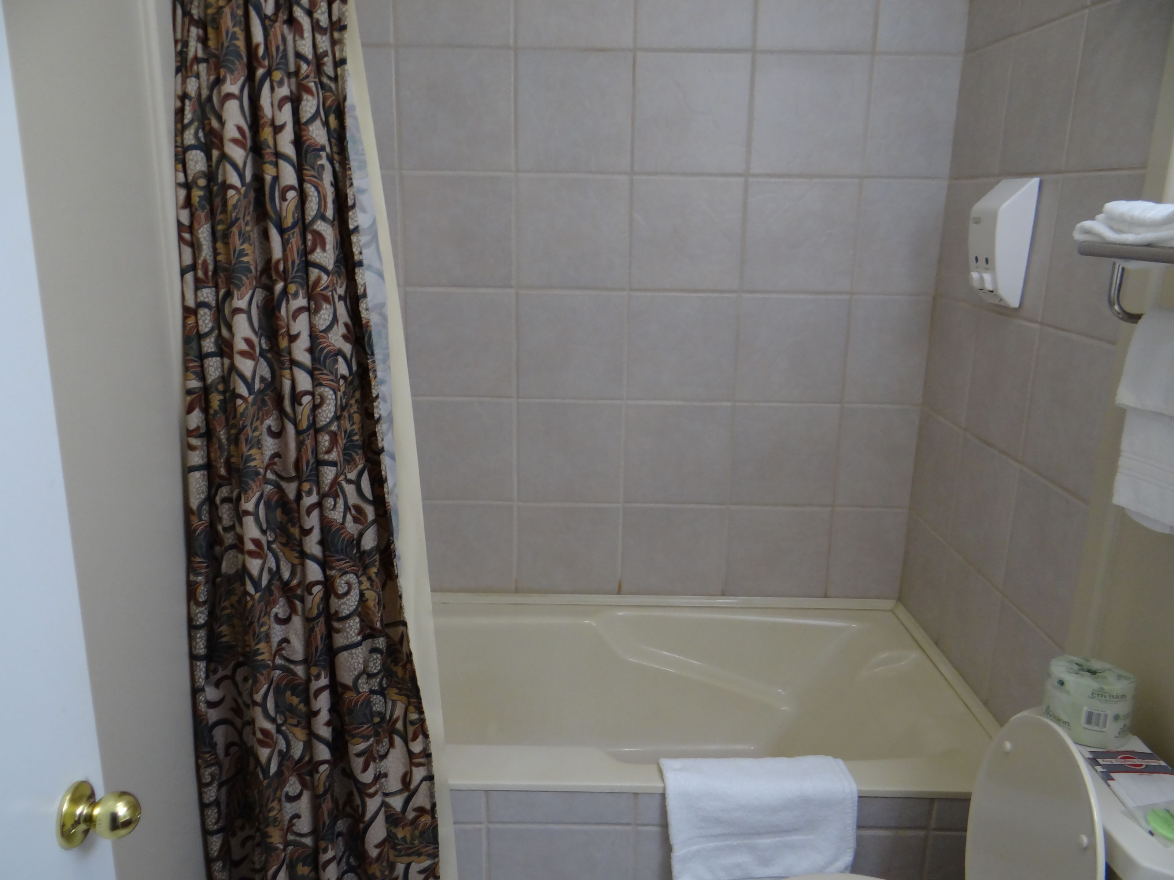 A bathroom with a shower curtain, a bathtub, and a toilet.