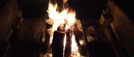 A fire burning in a metal grate with logs.