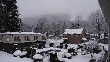 A residential area with snow-covered houses and trees.