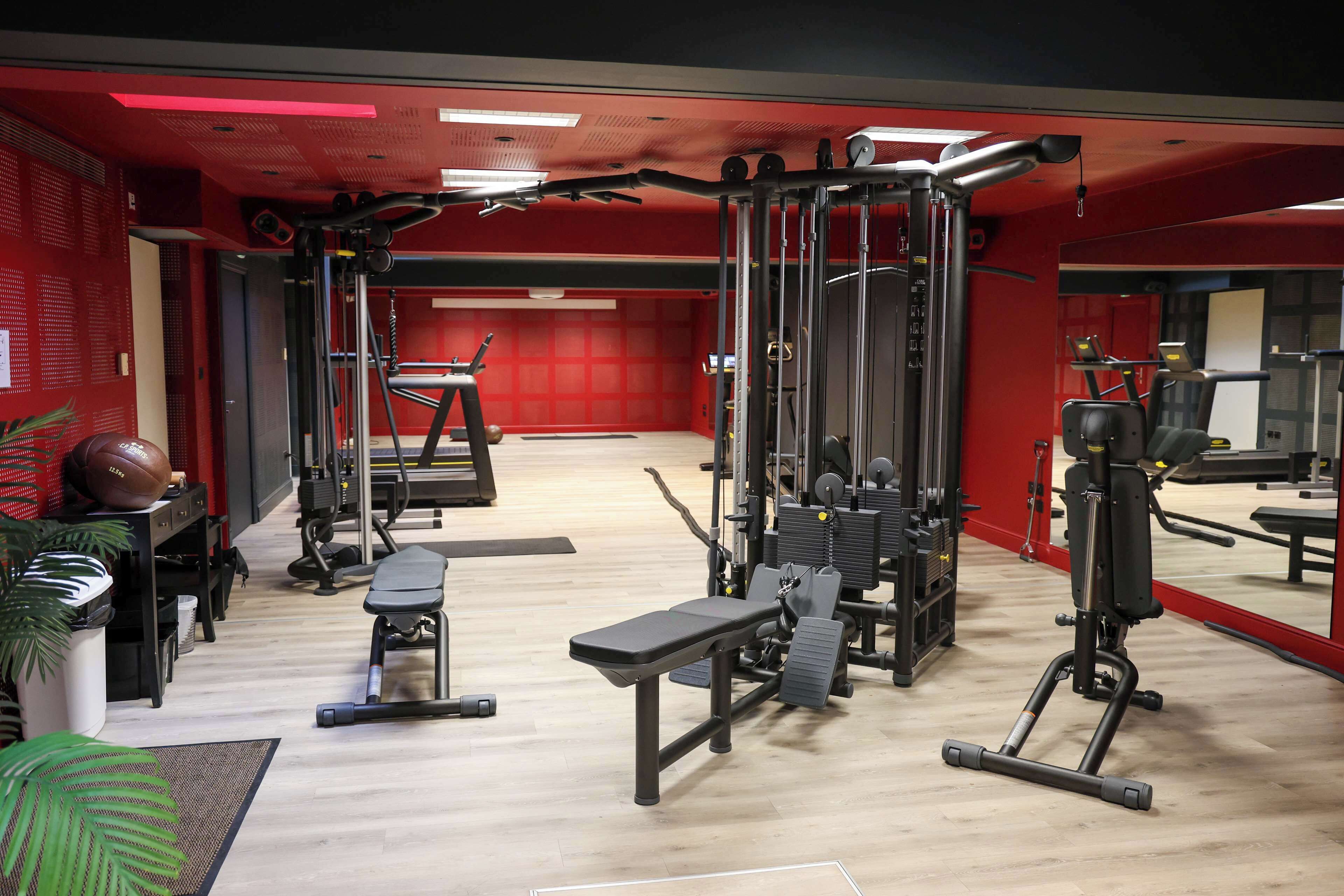 A gym with various exercise equipment, a bench, and a treadmill.