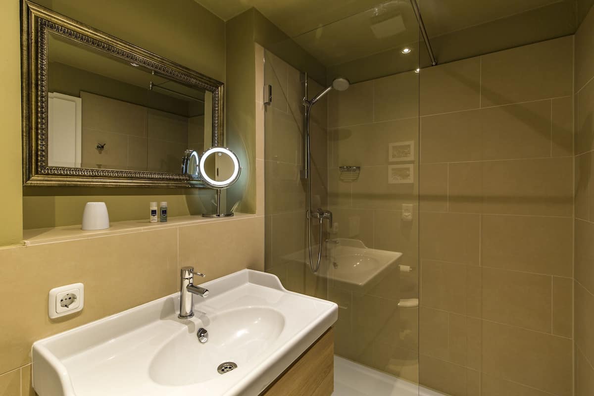 standard single room, country view | bathroom | shower, towels