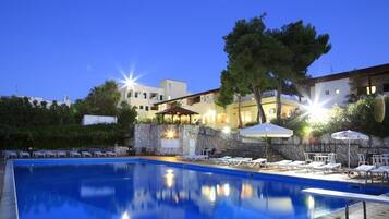 Seasonal outdoor pool, pool umbrellas, pool loungers