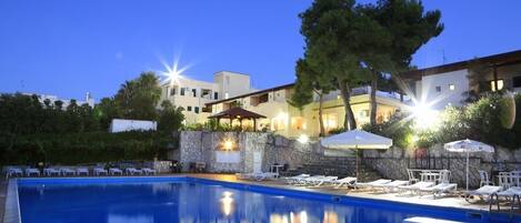 Seasonal outdoor pool, pool umbrellas, pool loungers