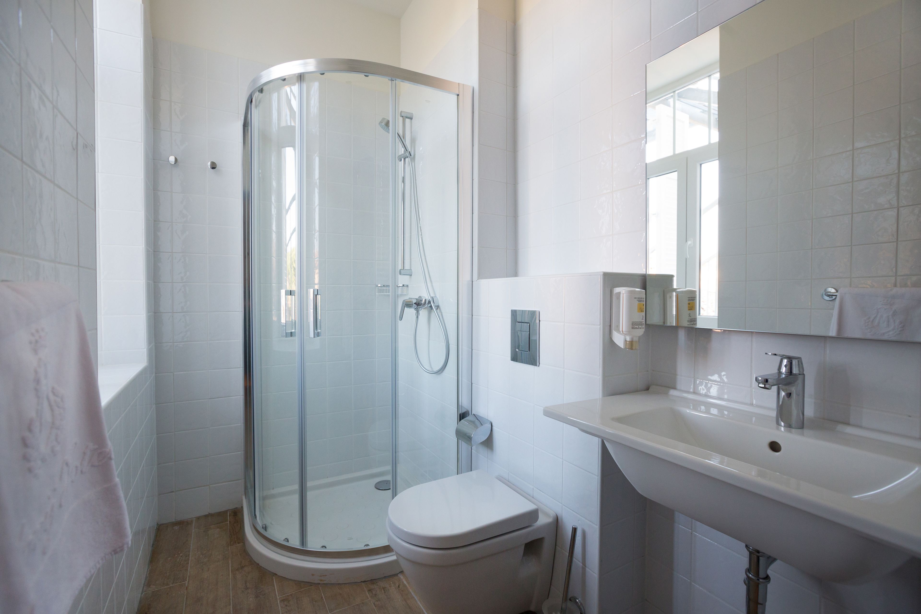 A modern bathroom with a glass shower enclosure, a white toilet, and a sink with a mirror above it.