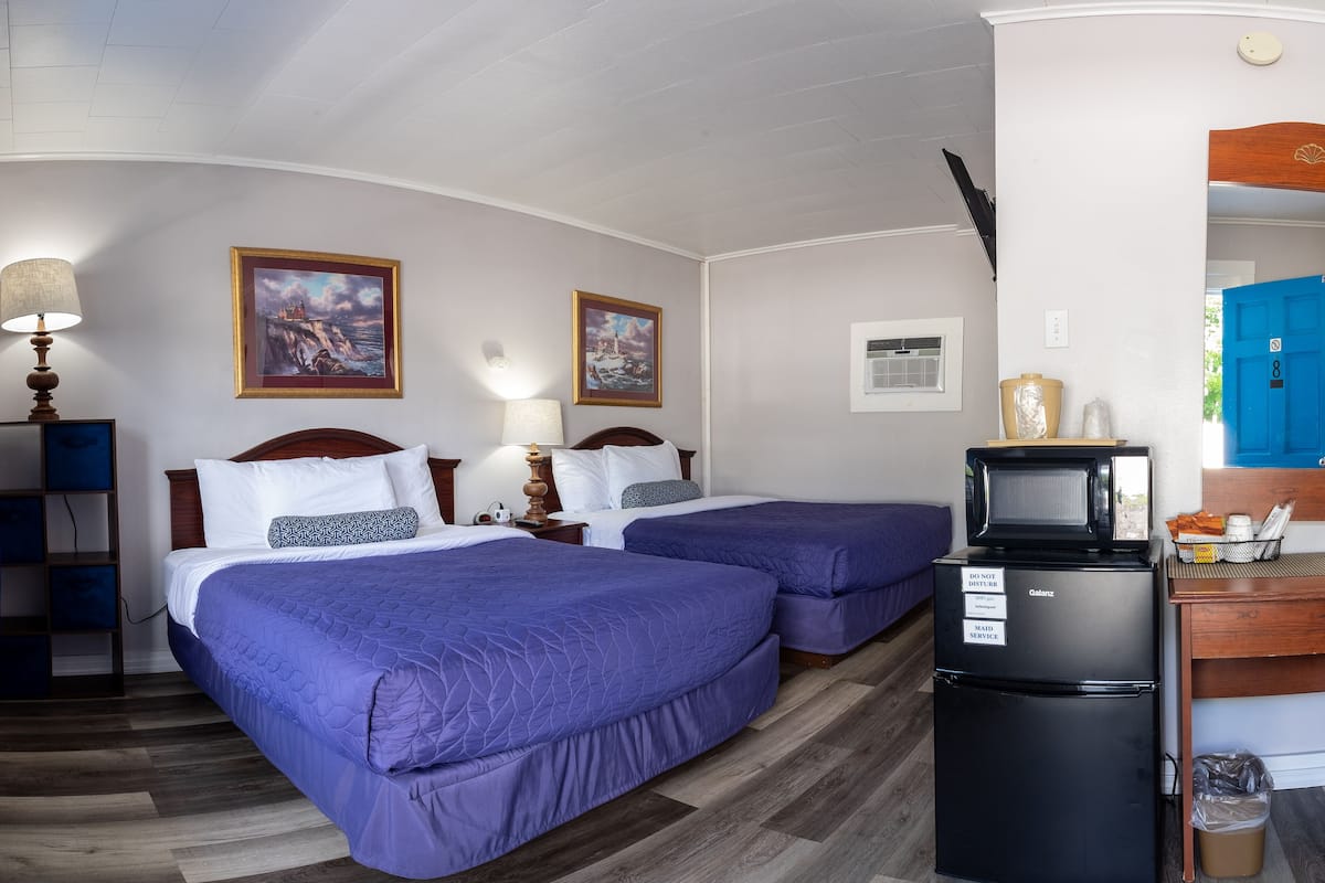 A hotel room with two beds, a refrigerator, a desk, and a blue door.