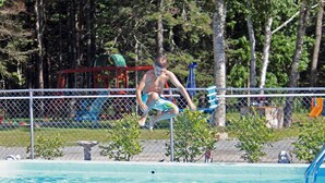 A swimming pool with a metal fence, trees, and a playground in the background.