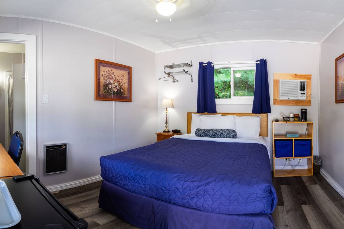 A bedroom with a large bed, a window with curtains, a bedside table with a lamp, and a wall-mounted air conditioner.