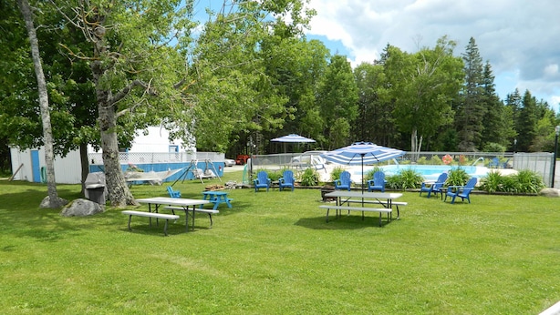 A grassy outdoor area with picnic tables and blue chairs, a pool, and a fenced area with a building in the background.