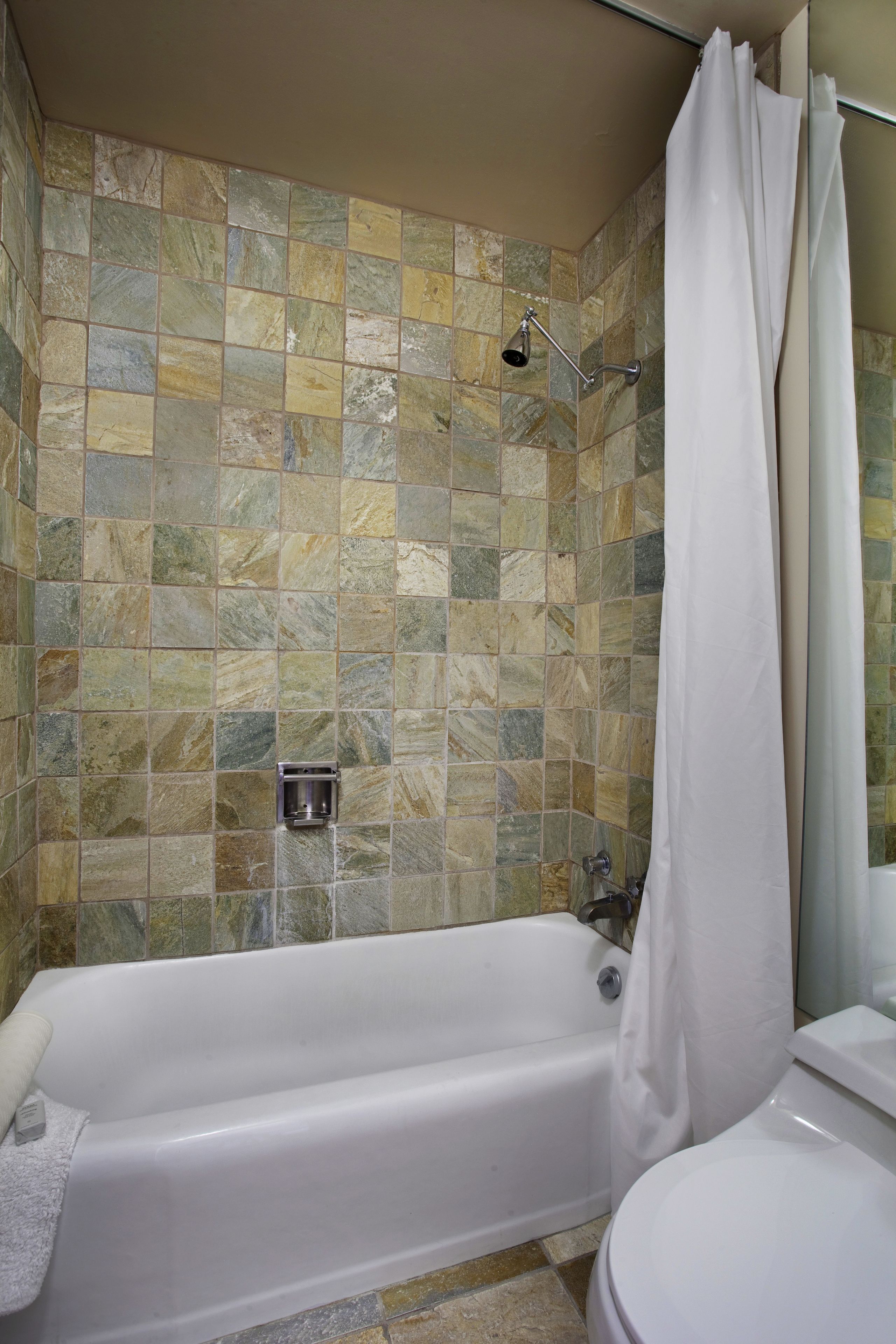 Ein Badezimmer mit Badewanne, Toilette und Duschvorhang.