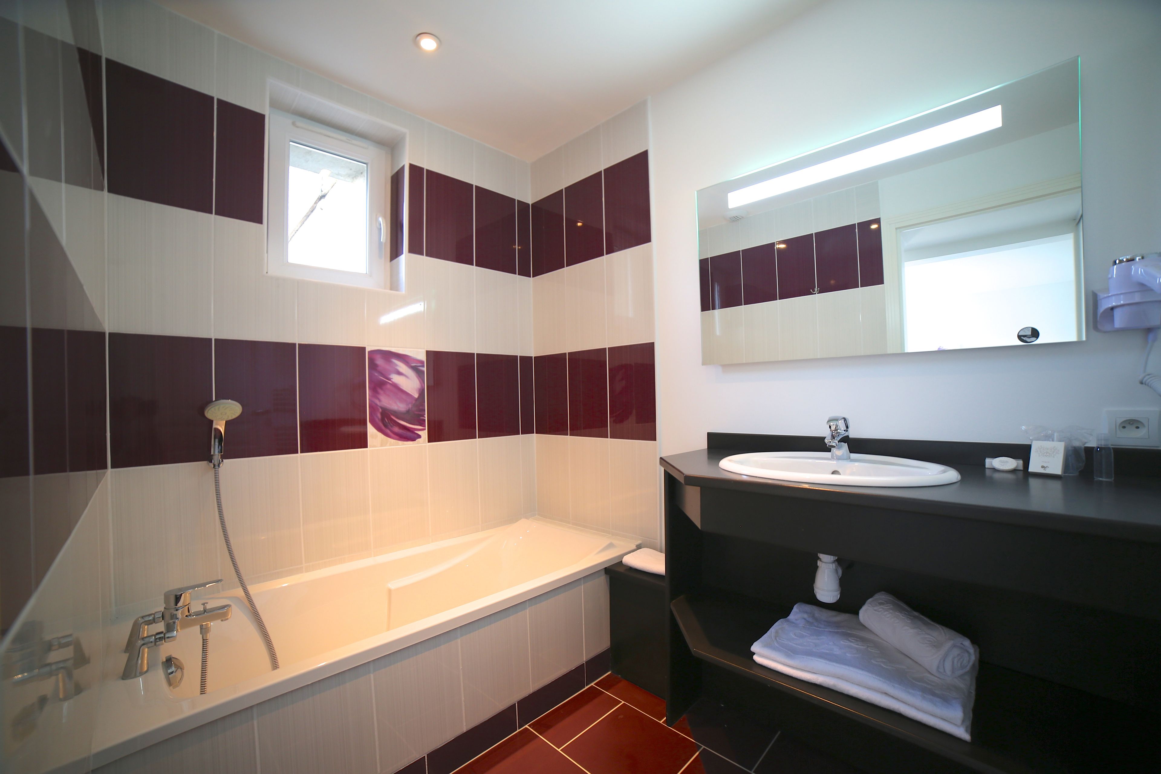 combined shower/bathtub, free toiletries, hair dryer, towels