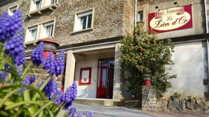 Un hotel con fachada de piedra, una puerta roja y un letrero que dice 'Hôtel - Restaurant Le Lion d'Or'.