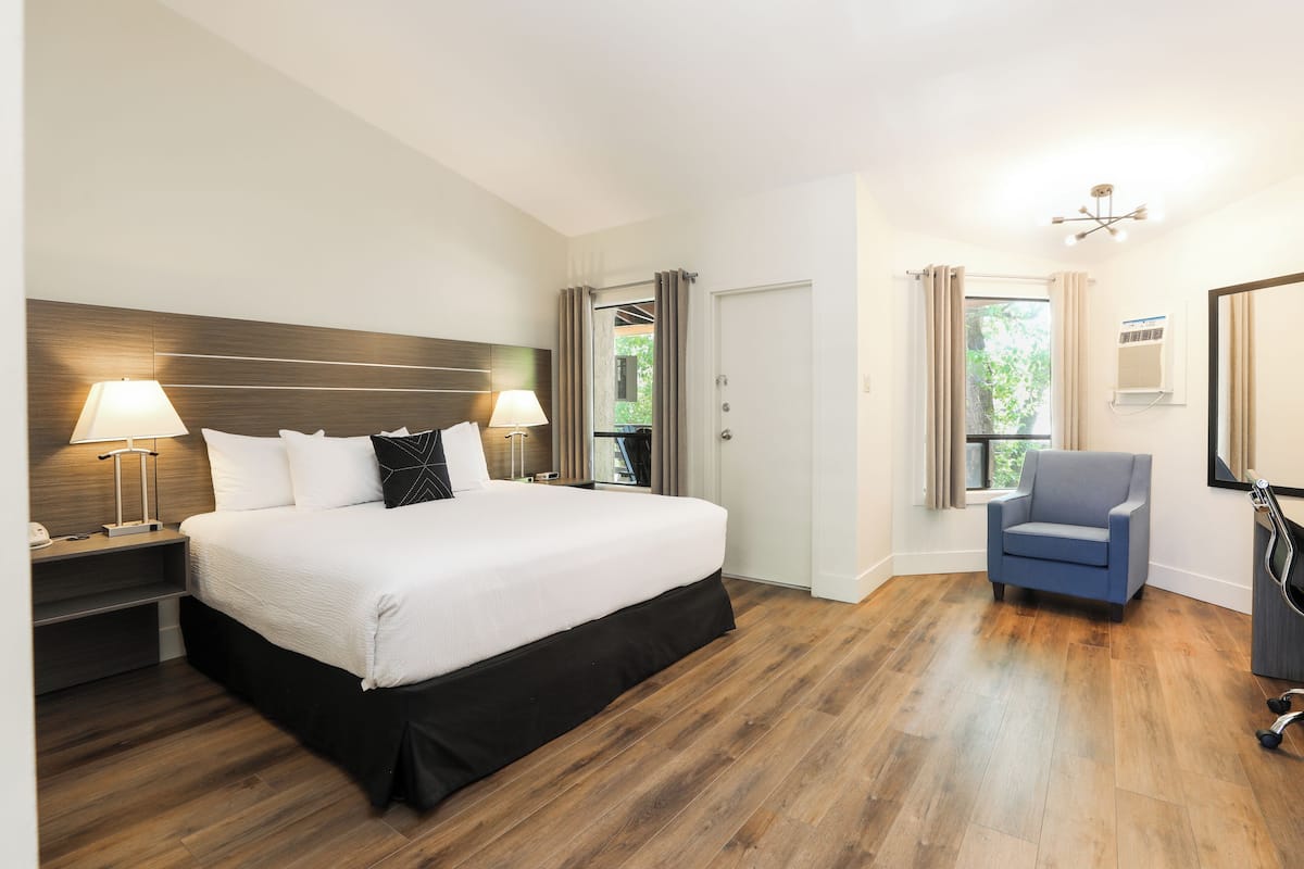 A hotel room with a large bed, bedside lamps, a chair, and a view of greenery outside.