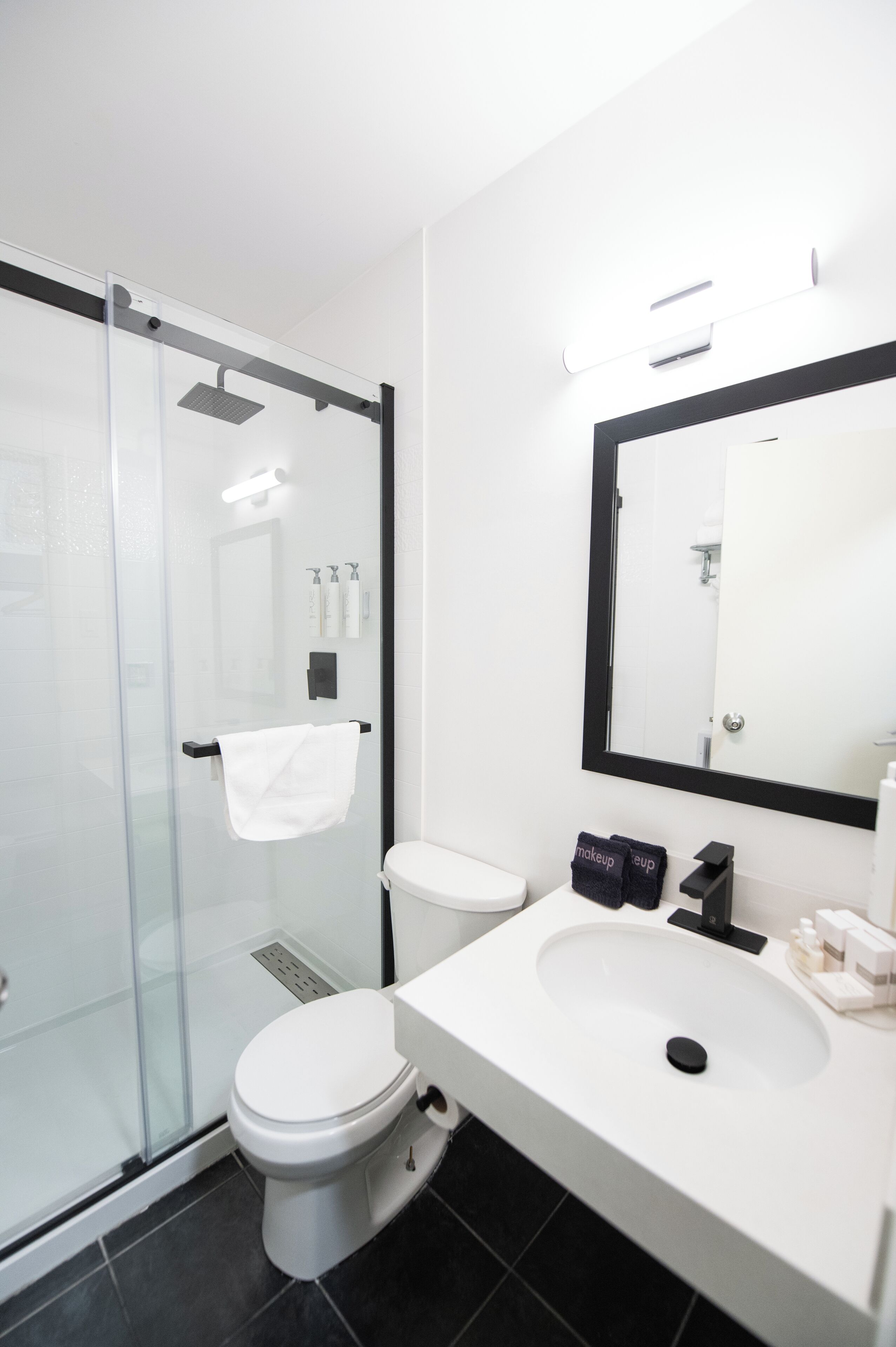 Ein modernes Badezimmer mit Duschkabine aus Glas, einer weißen Toilette und einem Waschbecken mit Spiegel.