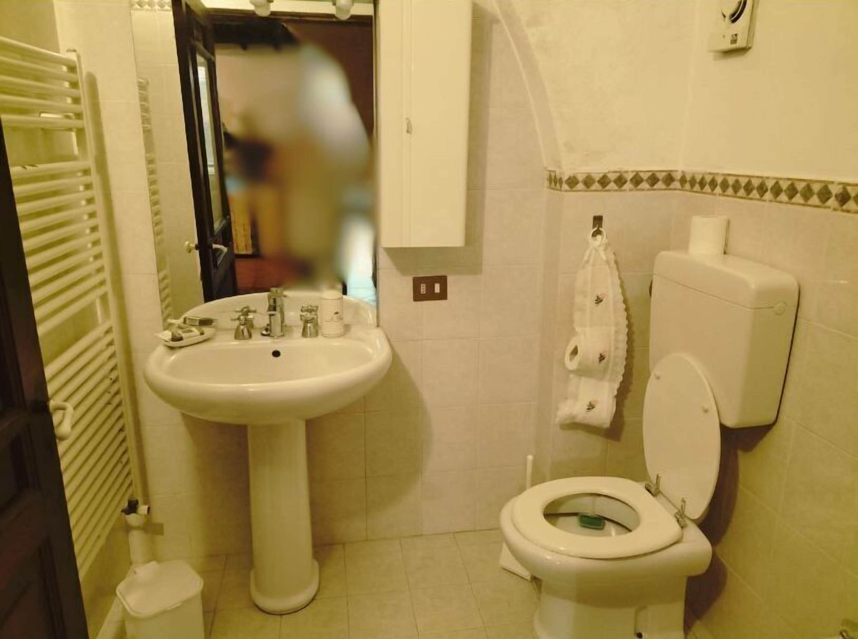 Een badkamer met een wastafel op een voetstuk, toilet en een handdoek aan de muur.