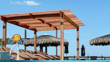 2 piscinas externas, funciona das 10h às 18h, guarda-sóis
