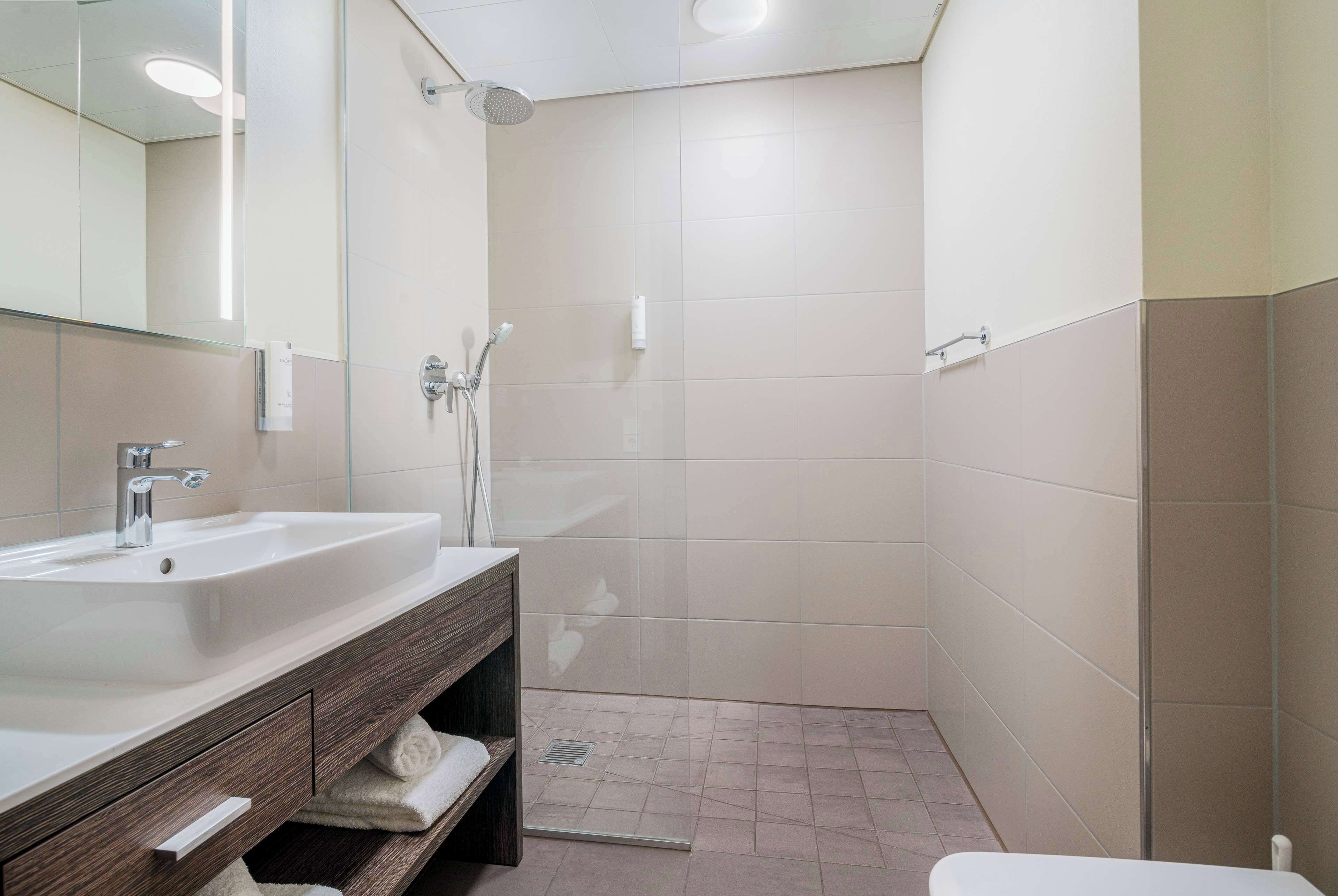 shower, rainfall showerhead, free toiletries, hair dryer