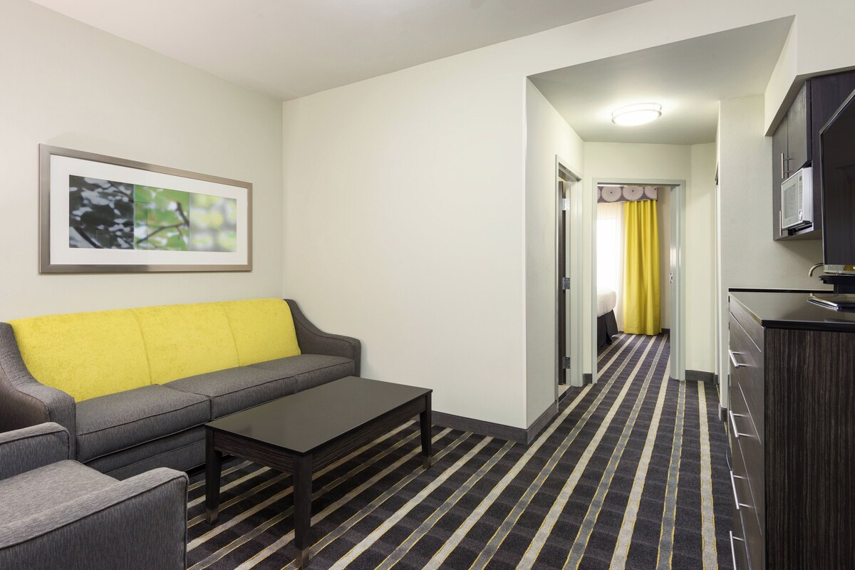 A hotel room with a sofa, a coffee table, a TV, a microwave, and a striped carpet.
