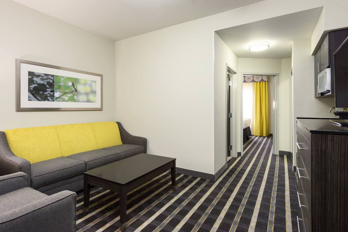 Habitación de hotel con sofá, mesa de centro, televisor y área de cocina con microondas.